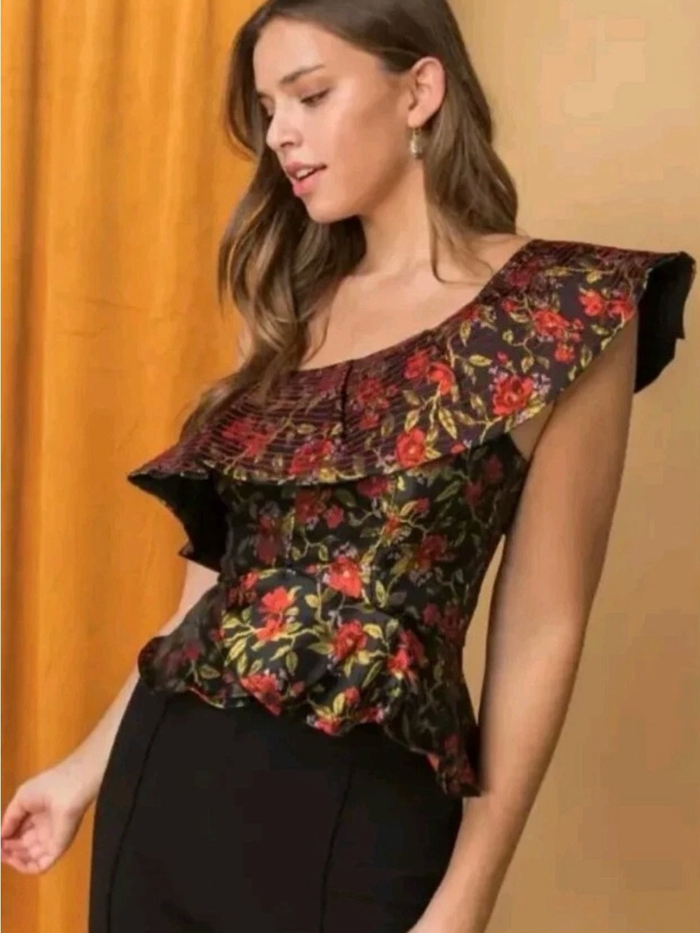 One-Shoulder Floral Peplum Top - Black with Red Floral